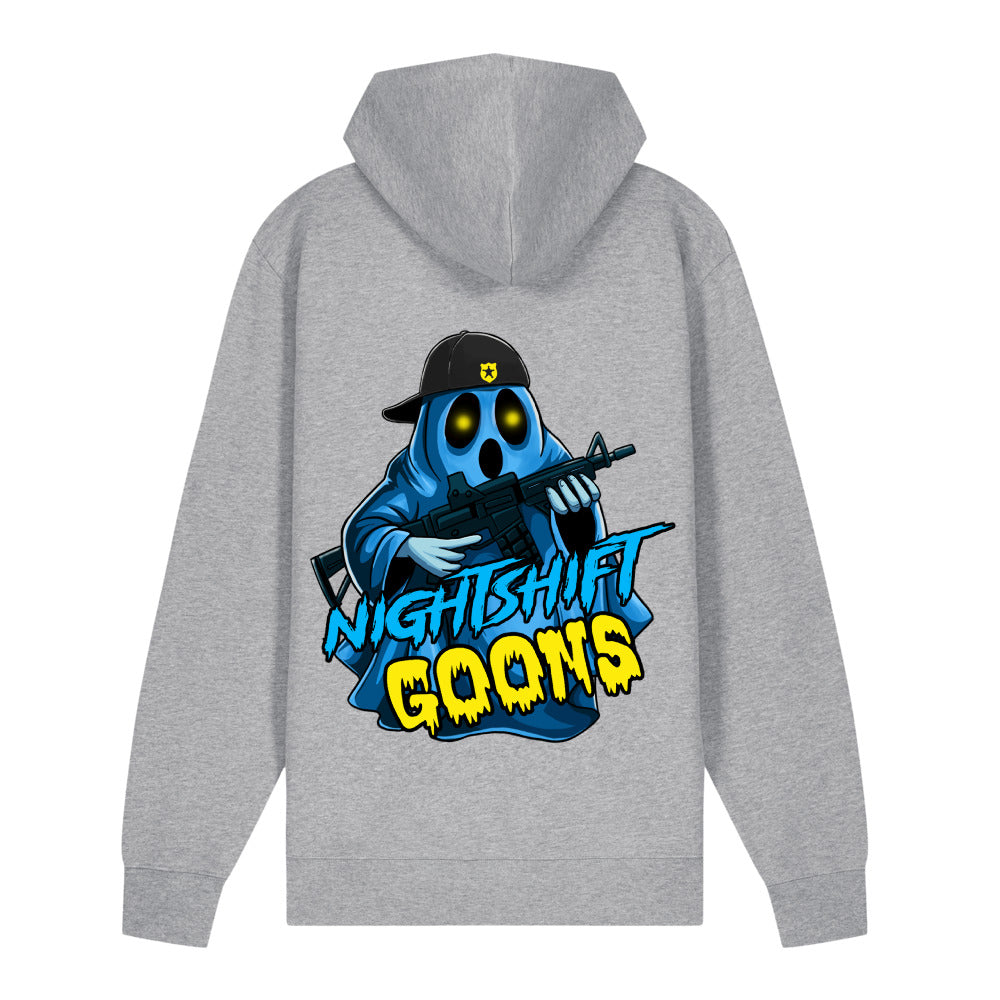 Back of the heather grey Ghosty Graveyard Shift Cop Zip Hoodie with Ghosty printed across the back