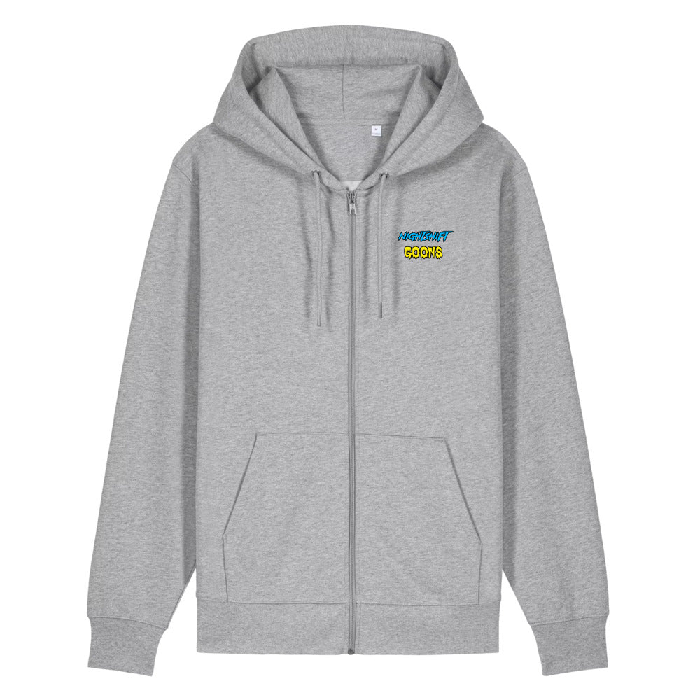 Front of the heather grey Nightshift Goons Wordmark Zip Hoodie with the Nightshift Goons wordmark on the left chest