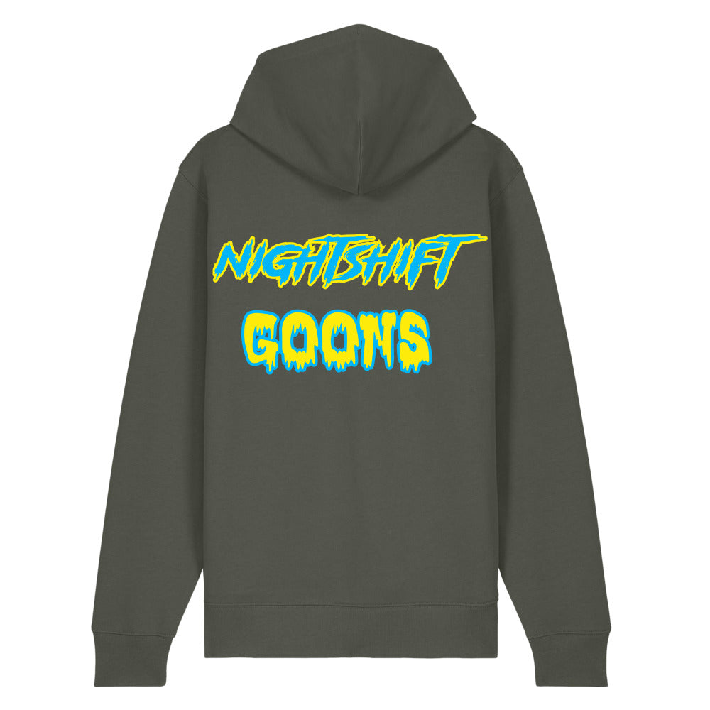 Back of the khaki green Nightshift Goons Wordmark Zip Hoodie with the full-width wordmark printed across the back