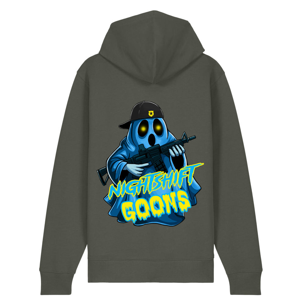 Back of the khaki green Ghosty Graveyard Shift Cop Zip Hoodie with Ghosty printed across the back