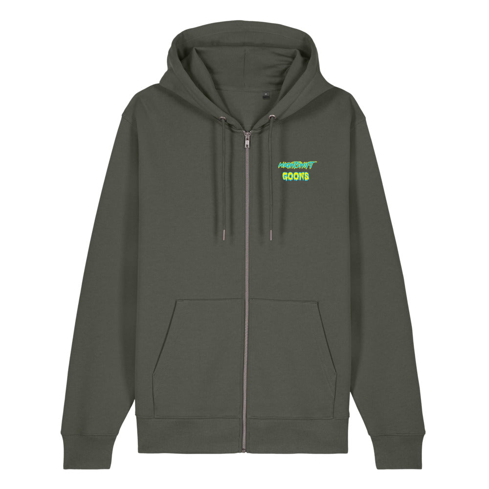 Front of the khaki green Nightshift Goons Wordmark Zip Hoodie with the Nightshift Goons wordmark on the left chest