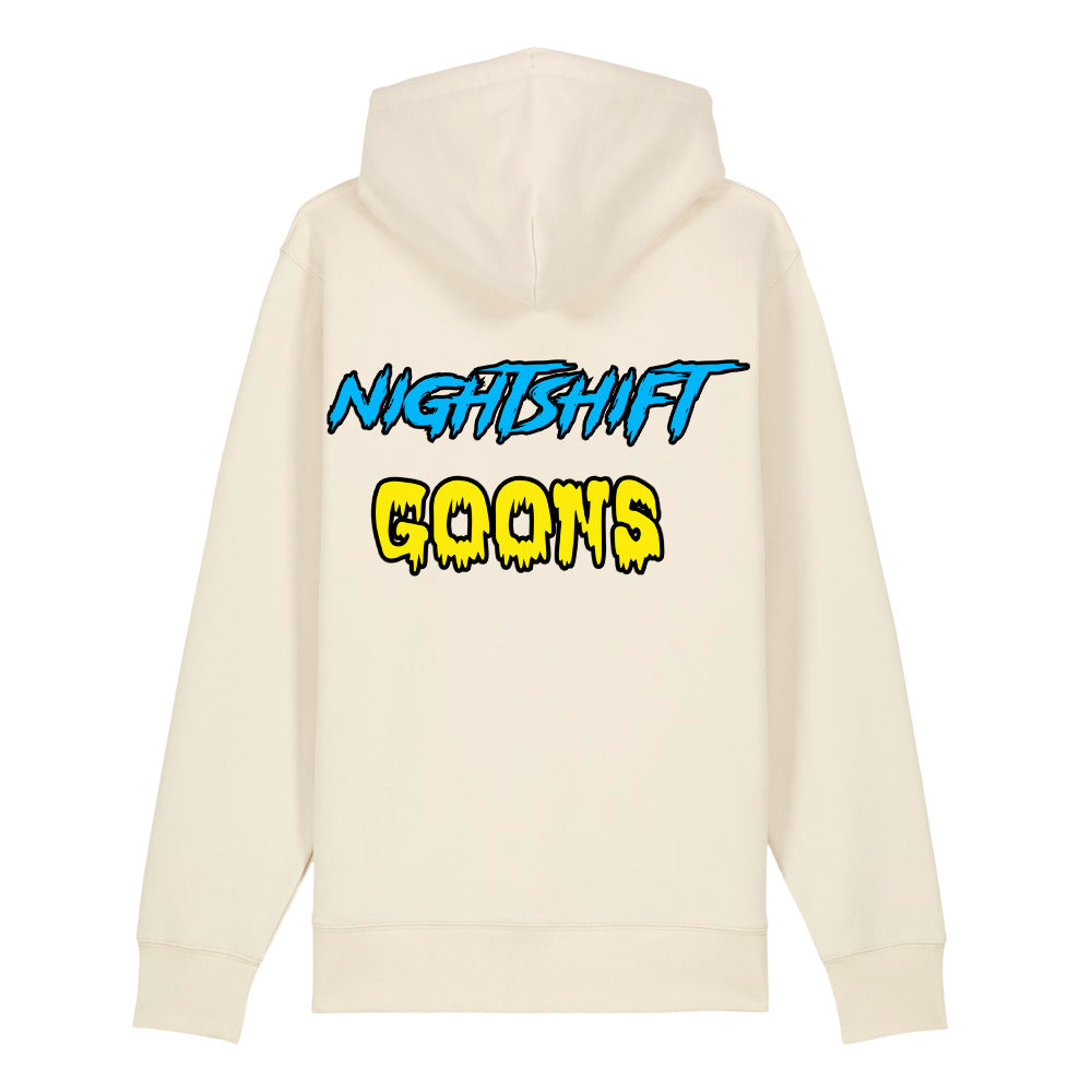 Back of the natural raw Nightshift Goons Wordmark Zip Hoodie with the full-width wordmark printed across the back