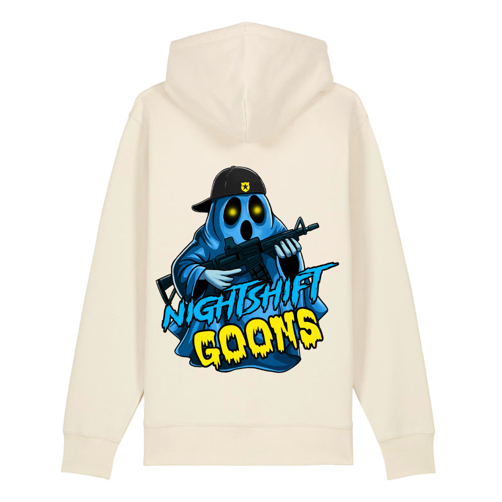 Back of the natural raw Ghosty Graveyard Shift Cop Zip Hoodie with Ghosty printed across the back