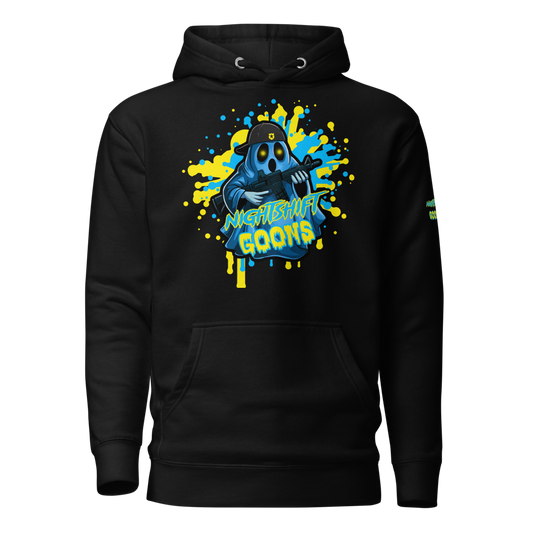 Ghosty Splatter cop hoodie, front: full-size Ghosty logo in aqua and gold paint splatter