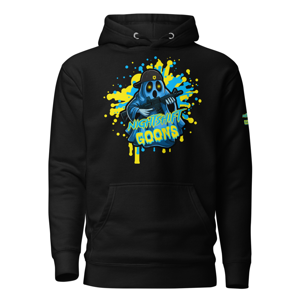 Ghosty Splatter cop hoodie with NIGHTSHIFT on the left sleeve