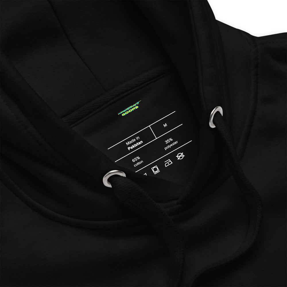 Inside neck label of the Zynville Police Patch Cop Hoodie with the Nightshift Goons wordmark, size and fabric details