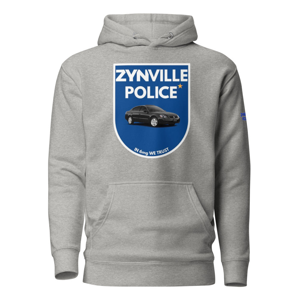 Zynville Police Shield Cop Hoodie in carbon grey, flat front