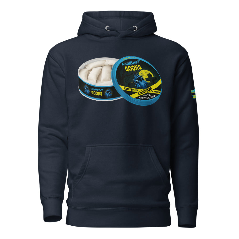 Graveyard Energy Tin Night Shift Cop Hoodie in navy blazer, flat front