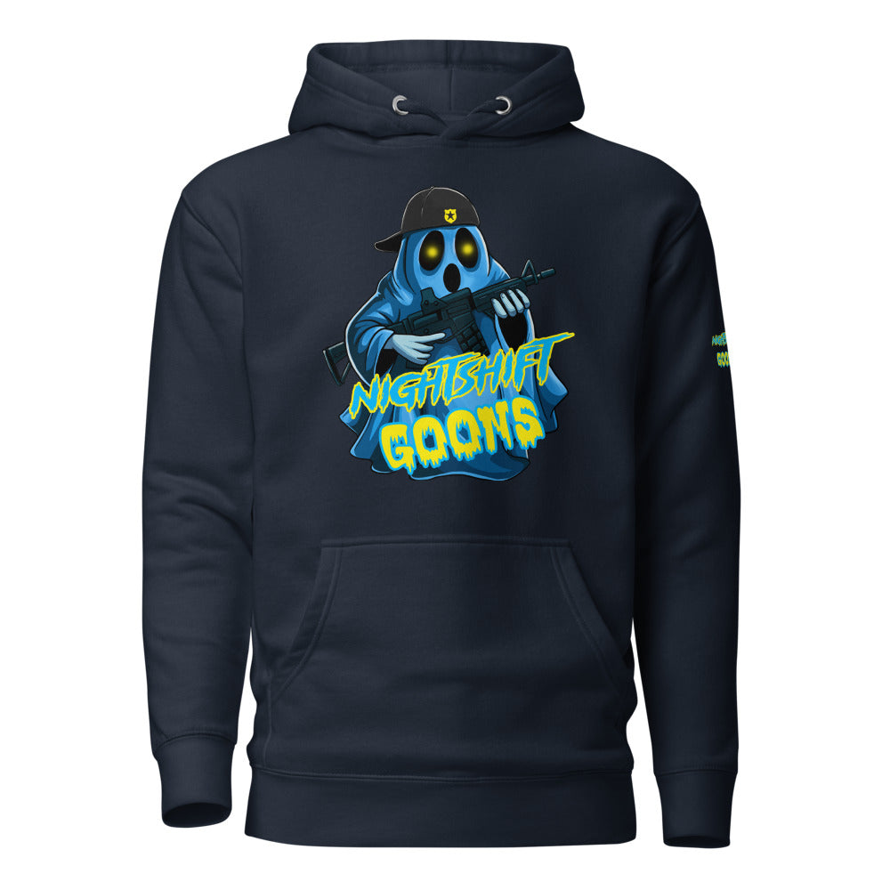 Ghosty Graveyard Shift Cop Hoodie in navy blazer, flat front