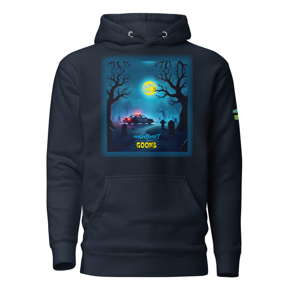 Graveyard Goon Moon Night Shift Cop Hoodie in navy blazer, flat front