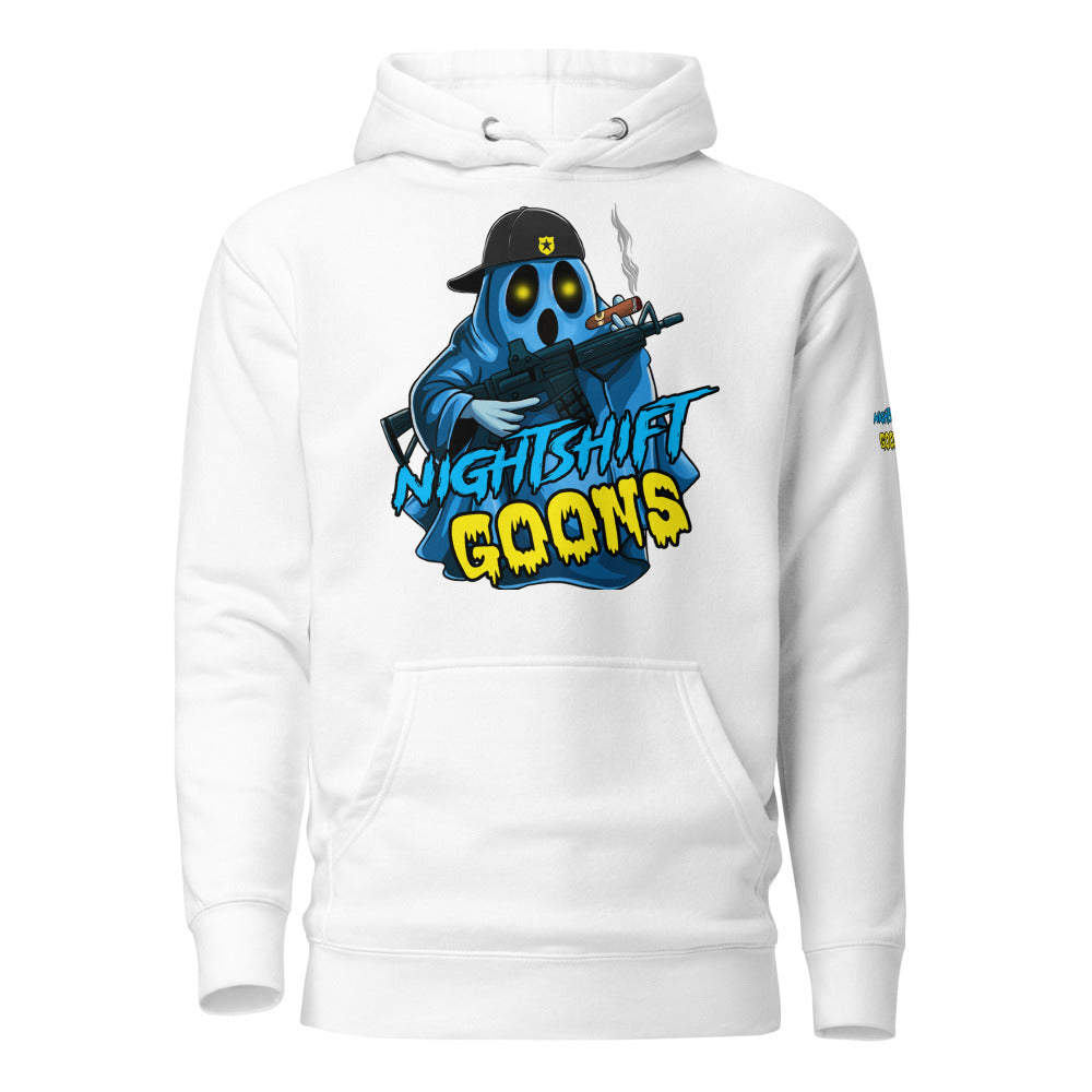Cigar Ghosty Graveyard Shift Cop Hoodie in white, flat front