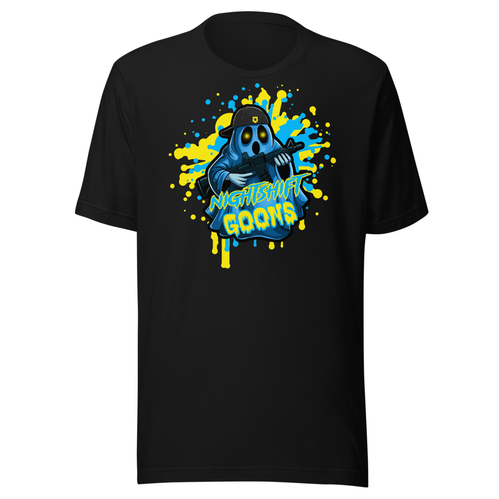 Ghosty Splatter cop t-shirt, front: full-size Ghosty logo in aqua and gold paint splatter