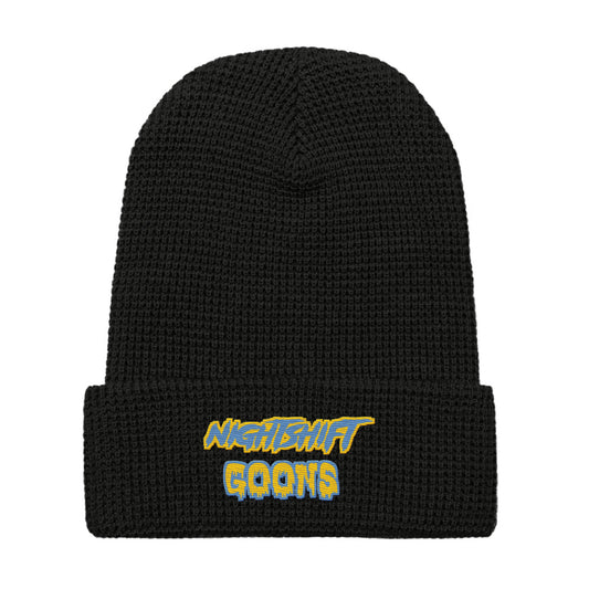 Nightshift Goons Puff Logo Waffle Beanie in black, front